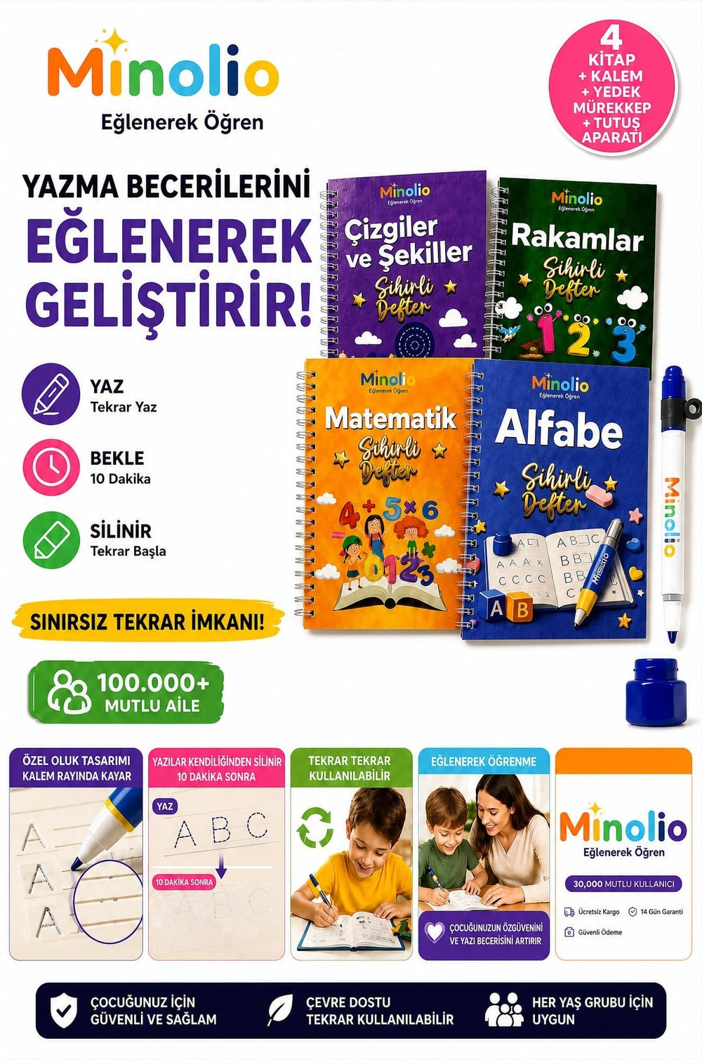 Minolio - Magic Learn Kabartmalı Sihirli Defter – 4 Adet + Sihirli Kalem Hediyeli