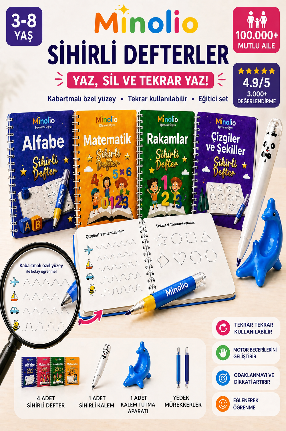 Minolio - Magic Learn Kabartmalı Sihirli Defter – 4 Adet + Sihirli Kalem Hediyeli