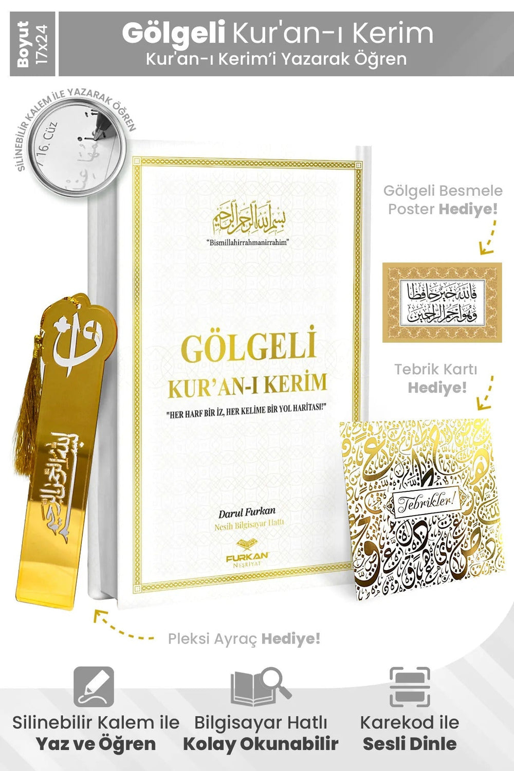 Kalem ile Yazılabilen Gölgeli Kur'an-ı Kerim – Yazarak Öğrenim Seti + Gölgeli Kalem Hediye!
