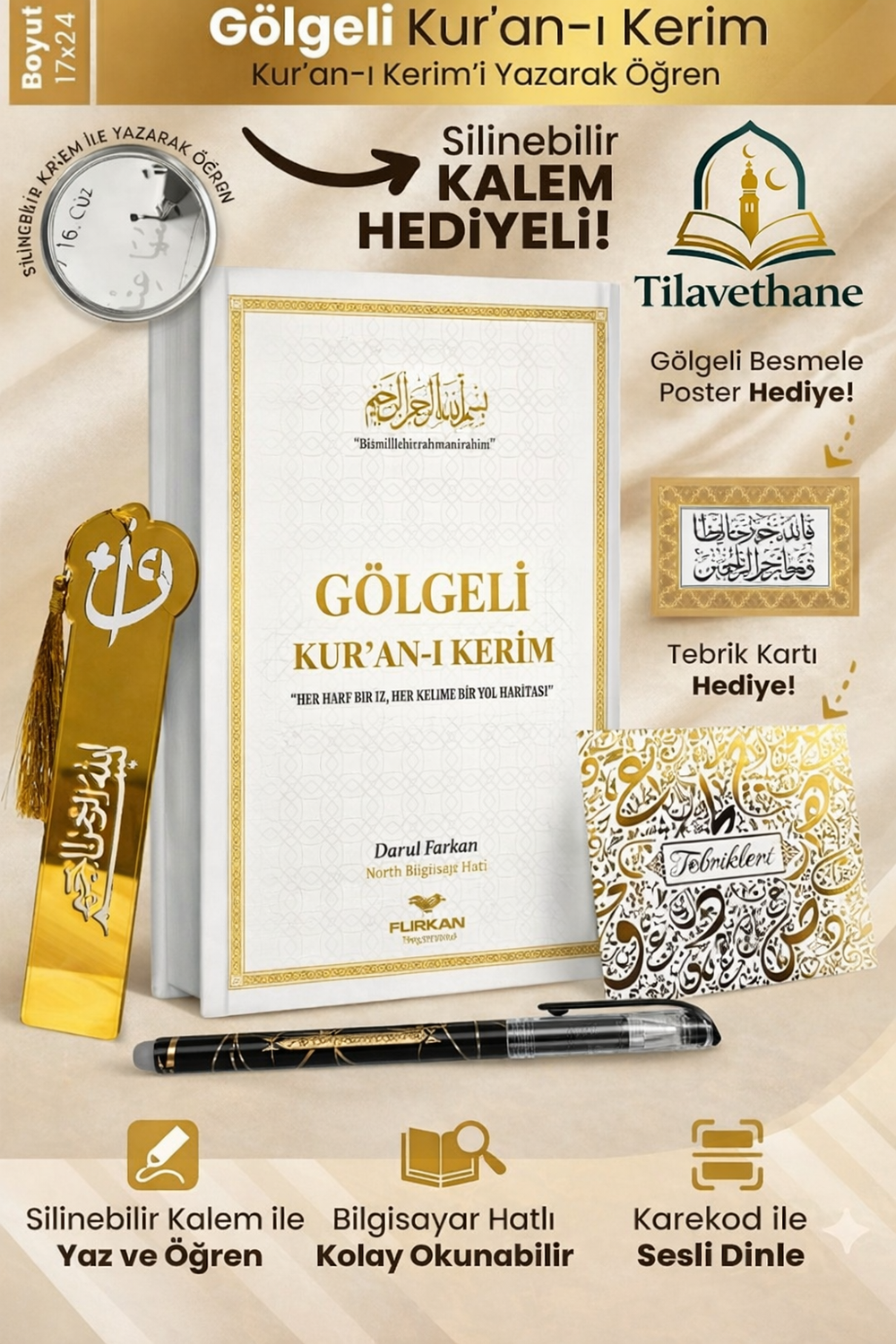 Kalem ile Yazılabilen Gölgeli Kur'an-ı Kerim – Yazarak Öğrenim Seti + Gölgeli Kalem Hediye!
