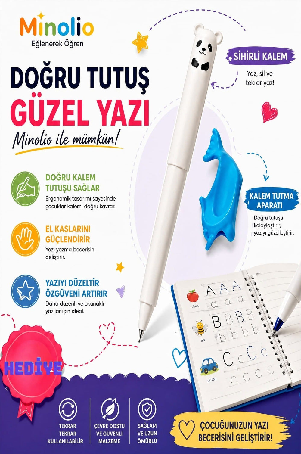 Minolio - Magic Learn Kabartmalı Sihirli Defter – 4 Adet + Sihirli Kalem Hediyeli