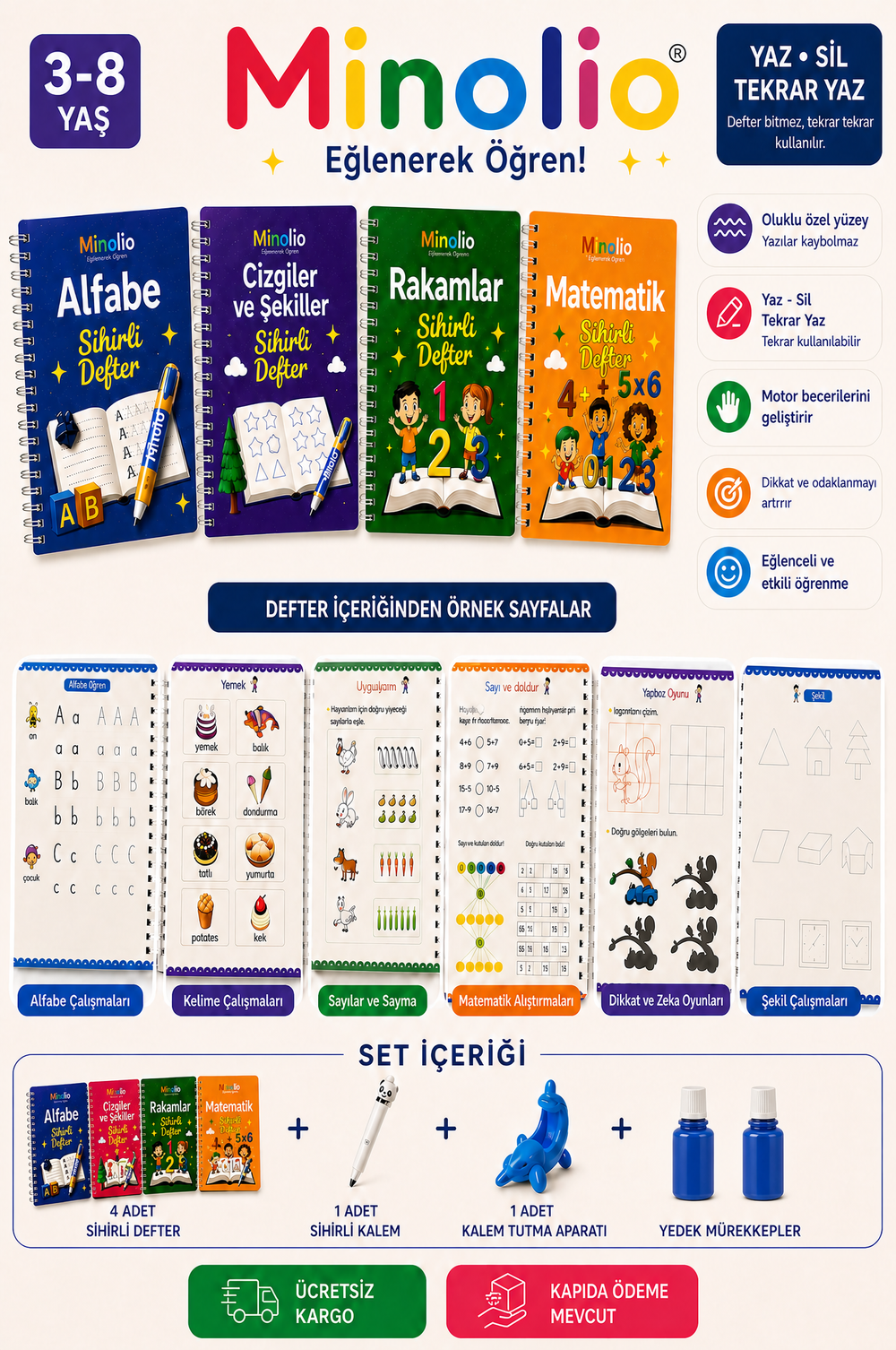 Minolio - Magic Learn Kabartmalı Sihirli Defter – 4 Adet + Sihirli Kalem Hediyeli